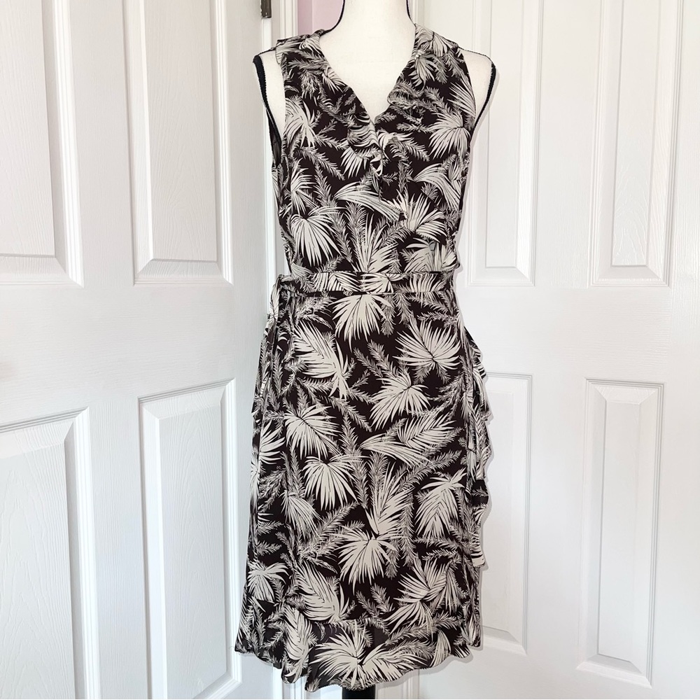 MICHAEL Michael Kors 100% silk brown&white palm leaf tie ruffled wrap dress sz10